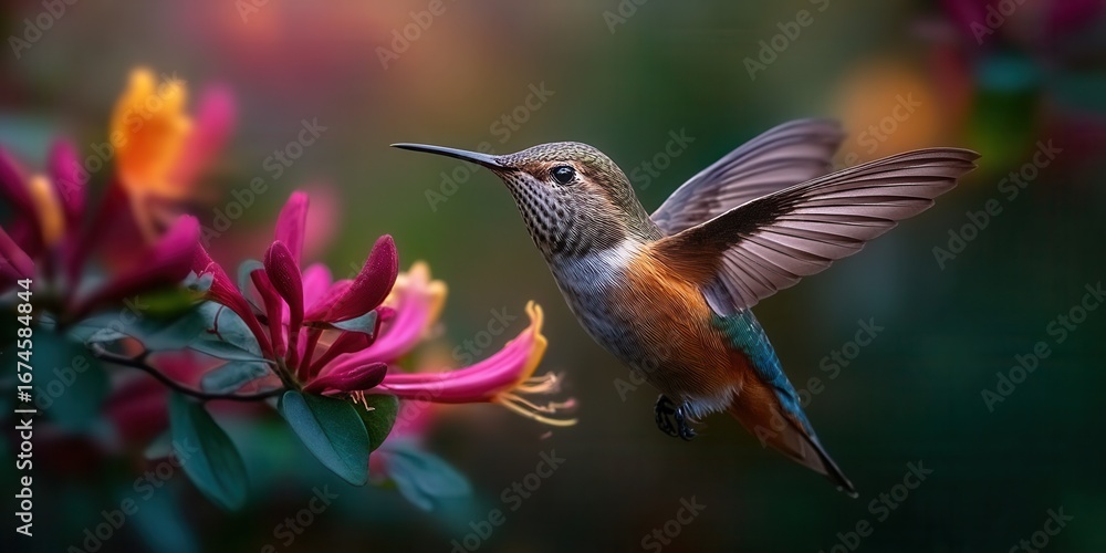 Fototapeta premium Hummingbird Hovering Near Vibrant Blooming Flowers at Dusk in a Garden