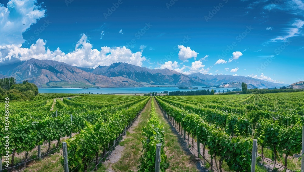 Fototapeta premium Vineyard Rows Lake Mountain Sunny Day Agriculture