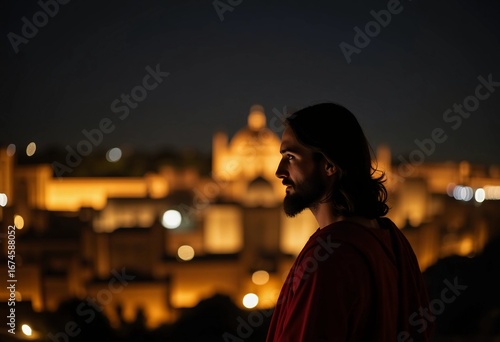 In a serene night setting, Jesus gazes thoughtfully over the illuminated city of Jerusalem Generative AI