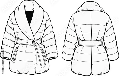Puffer coat flat sketch, winter fashion drawing, belted padded jacket, front and back view, technical vector, cozy outerwear style