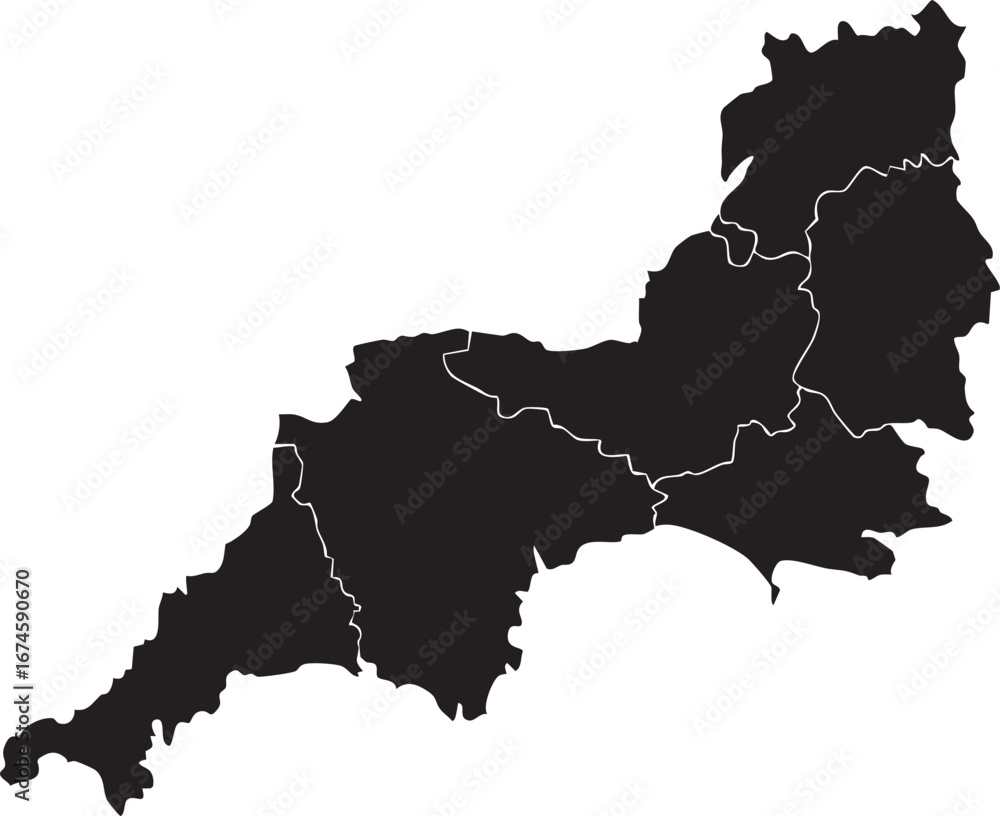 Obraz premium South West England Map Solid Black Silhouette With Regions