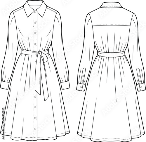 Shirt dress fashion flat sketch, front and back view, long sleeve button down design with waist tie belt, vector template