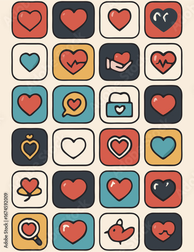 Vertical strip of heart icons in rounded tiles, retro red teal gold palette, love and social symbols, flat style on clean studio white, cozy stationery and app UI vibe