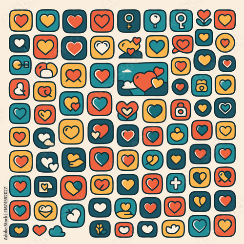 Large mosaic of tiny heart buttons forming a square frame with whimsical motifs and a central teal gap, retro red mustard teal palette, flat style on studio white, modern poster and UI kit mood