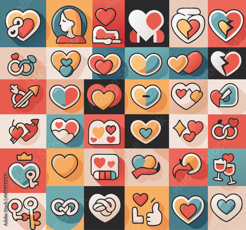 Colorful grid of heart symbols in rounded squares with chat, gift, and medical motifs, warm retro palette, flat style, front view on clean studio white, playful social app and sticker sheet mood