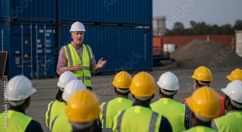 Male Supervisor in Safety Vest Leading a Training Meeting for Industrial Workers Outdoors