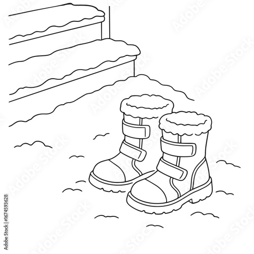 Winter boots standing on snow-covered ground near stairs  