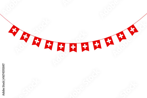 Swiss flag bunting garland with white crosses on red pennants Switzerland