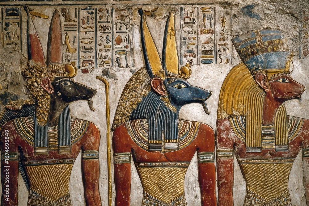 Obraz premium Divine Egyptian Mural: Gods and Pharaohs in Hieroglyphic Grandeur