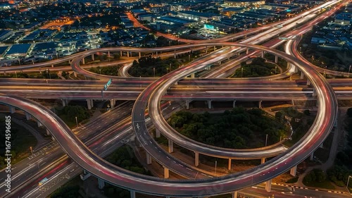 A complex highway interchange at night, illuminated by the movement of vehicles.