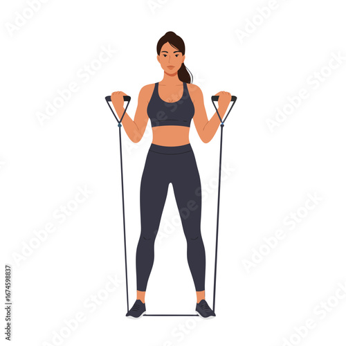 Fit woman exercising with a resistance band on a transparent background, isolated, vector