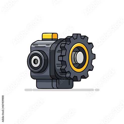 Car starter motor gear vector illustration in grey and yellow industrial colors, flat style, isolated on transparent background for automotive repair shop, mechanics catalog, and engineering infograph