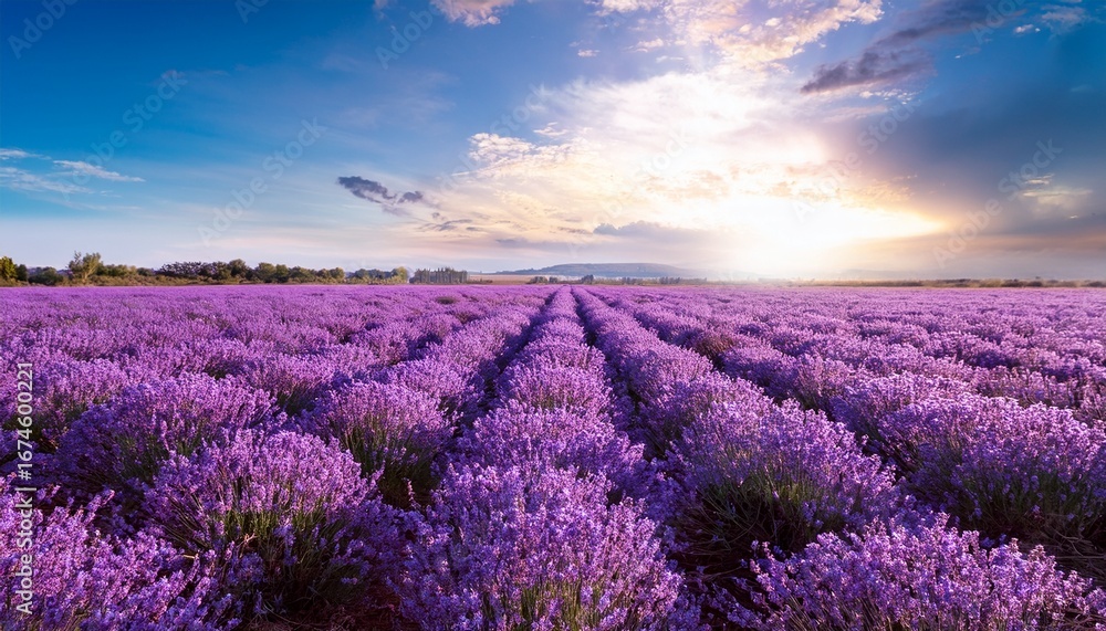 Obraz premium vibrant purple lavender flowers in a vast field under a bright sunny sky perfect for relaxation nature and aromatherapy themes