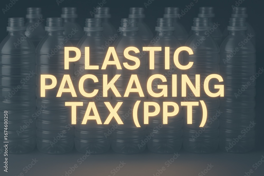 Obraz premium Plastic Packaging Tax Message Over Transparent Bottles