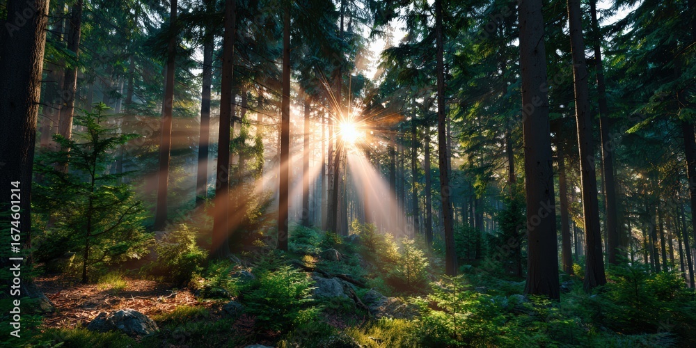 Obraz premium Sun Rays Shining Through Pine Trees in Serene Forest