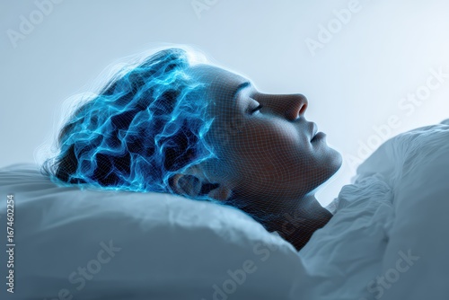 Sleeping Woman with Neural Brain Energy Visualization