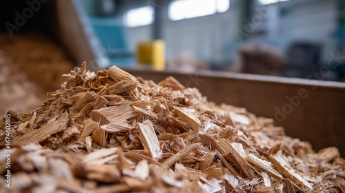 Paper mill facility with wood chip processing and pulping equipment featuring sustainable forestry practices and recycled material integration in manufacturing process blurred
