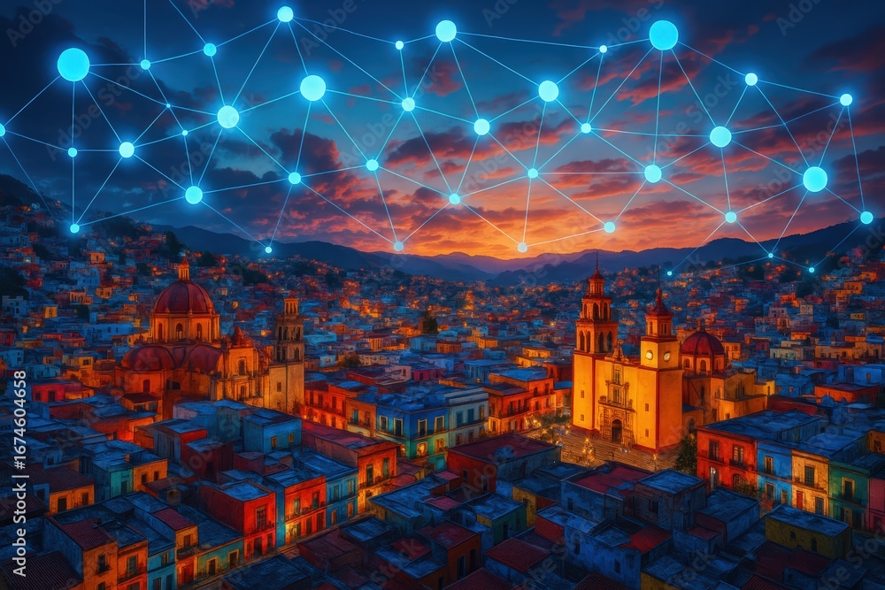 Fototapeta premium Smart City Network Connections at Sunset