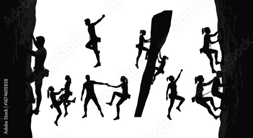 Rock climbing silhouette set, bouldering, harnessed climber, teamwork, black vector, sport action, mountaineer, adventure, outdoor, training, vertical wall, technique