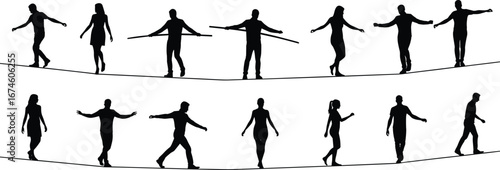 Tightrope silhouette set, walking poses, black vector, balance gesture, coordination, motion, challenge, performance, expressive stance, dynamic movement