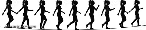 Walking silhouette sequence, female gait, black vector, motion study, biomechanics, animation, physical therapy, posture, movement, heel strike, toe-off