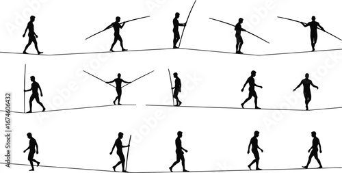 Tightrope silhouette set, walking poses, balance pole, black vector, coordination, motion, circus, performance, physical skill, dynamic stance
