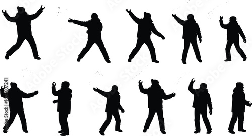 Gesture silhouette set, dynamic poses, object interaction, black vector, motion sequence, animation, action, throw, movement, expressive stance
