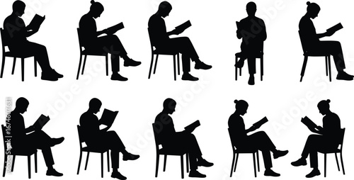 Reading silhouette set, seated book poses, black vector, study posture, education, leisure, male female figures, lifestyle, learning, relax