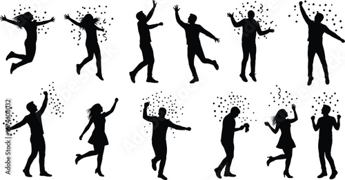 Celebration silhouette set, dancing poses, joyful movement, festive energy, black vector, party scene, emotion, confetti, jump, dance, cheer