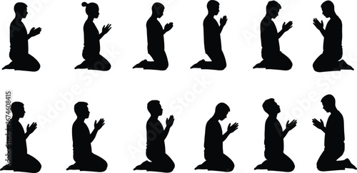 Praying silhouette set, kneeling figures, spiritual devotion, meditation pose, worship, faith, religion, unity, black vector, emotional gesture