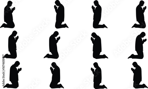 Praying silhouette grid, kneeling pose, devotion, meditation, spiritual unity, black vector, worship, faith, religion, repetition, emotional gesture