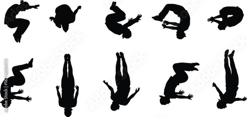 Parkour Flip Silhouettes, Dynamic Urban Acrobatics, Free Running Tricks, Extreme Sports, Athletic Movements, Action Sequence, Stunt Performance