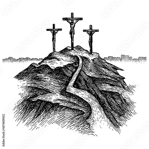Three crosses on Golgotha. The road to the crucifixion.
