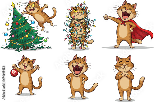 Festive cartoon cat Christmas poses, tangled in lights, leaping into tree, holding ornament, wearing cape, laughing, meditating, holiday season animal illustration