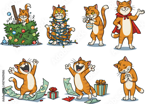 Christmas cat illustration, festive holiday kitten, cute tabby cat art, playful pet cartoon, winter celebration animal, gift wrapping scene, decoration mishap