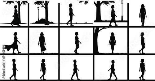 Silhouettes of Women Walking Outdoors, Nature Stroll Sequence, Female Figures with 