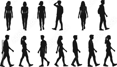 Silhouettes of Men and Women Walking, Casual Stroll, Side and Front Views, Urban Lifestyle, People in Motion