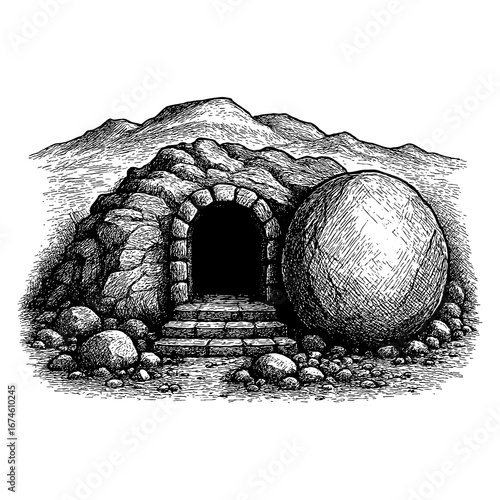 Easter, the resurrection of Jesus and the empty tomb of Christ with the stone rolled away.