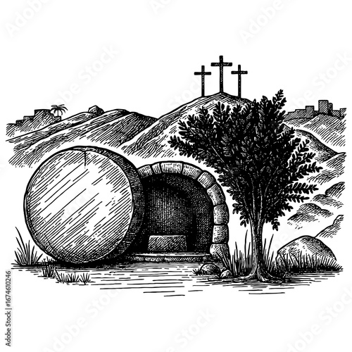Easter, the resurrection of Jesus and the empty tomb of Christ with the stone rolled away.
