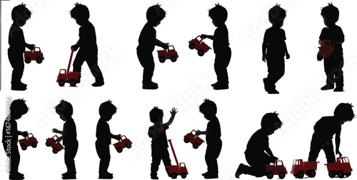 Silhouettes of Toddlers Playing with Red Toy Trucks, Boys Exploring and Interacting, Early Childhood Play, Imaginative Learning, Indoor Kids Activities