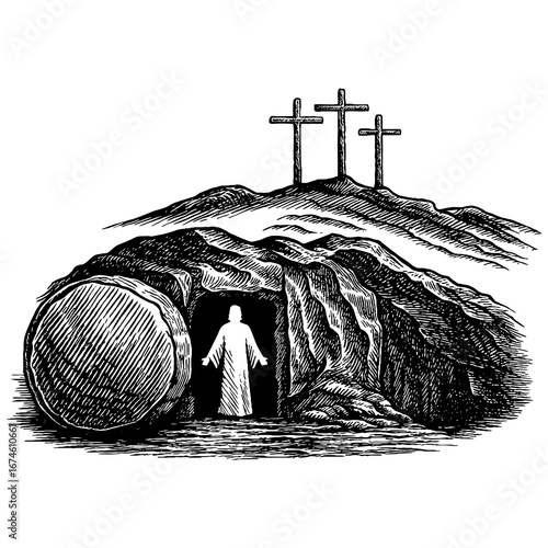 Easter, the resurrection of Jesus and the empty tomb of Christ with the stone rolled away.