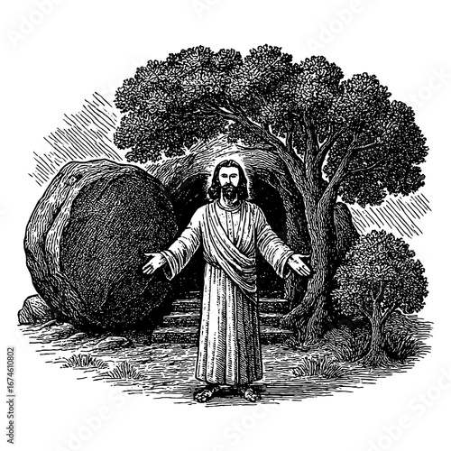 Easter, the resurrection of Jesus and the empty tomb of Christ with the stone rolled away.