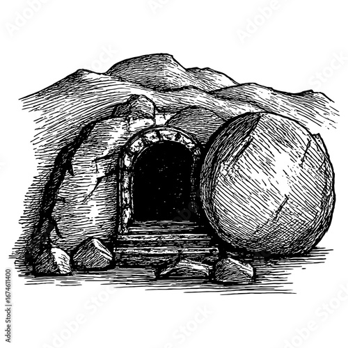Easter, the resurrection of Jesus and the empty tomb of Christ with the stone rolled away.