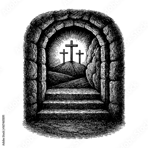 The Resurrection of Christ. A view from inside the tomb of Jesus, at the three crosses on Golgotha.