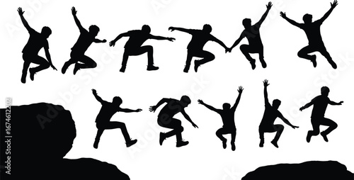 Silhouette Sequence of Man Leaping Across Rock Gap, Dynamic Outdoor Action Scene Showing Jump and Landing, Adventure Motion Progression