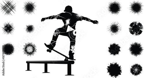 Grunge Silhouette of Skateboarder Grinding Rail, Abstract Urban Texture Elements, Extreme Street Sport Art with Ink Splash and Distress Effects