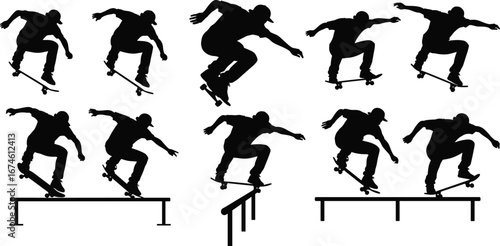 Silhouette Skateboarder Performing Tricks and Stunts, Skating on Rails and Jumping in Air, Urban Sport Activity Vector Illustration Set