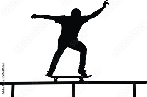 Silhouette of Skateboarder Performing Trick on Rail – Urban Skateboarding Action Pose Vector for Extreme Sports and Youth Culture