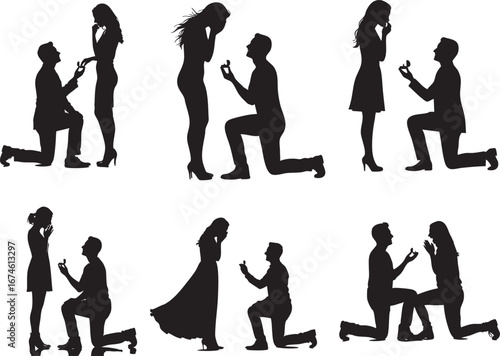 Romantic Marriage Proposal Silhouettes – Man Proposing to Woman Vector Love Concept