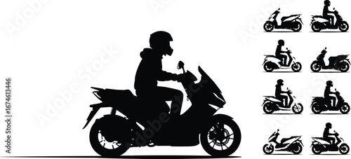 Silhouette of People Riding Motor Scooters and Motorcycles, Vector Set of Riders in Various Poses, Safety Helmet, Urban Transport